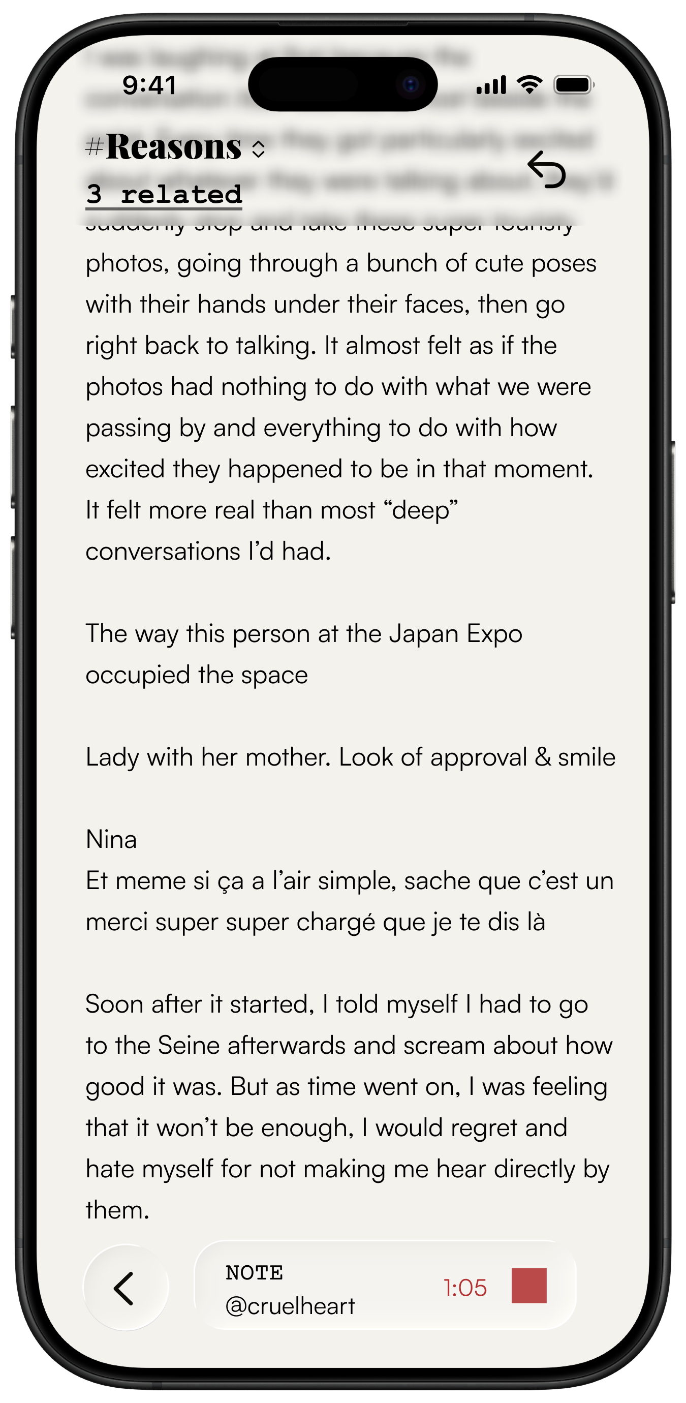 A Note open full screen in Fentier